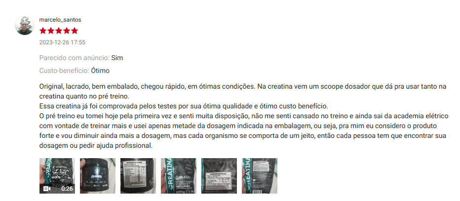 Avaliação de cliente sobre a Creatina Soldiers